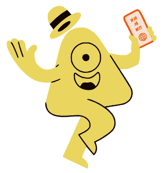 En enøyd maskot jubler og holder en mobiltelefon med teksten "Vi er på nett"